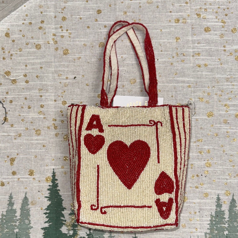 Hearts Red and Cream Beaded Tote Bag - Picture 2 of 3